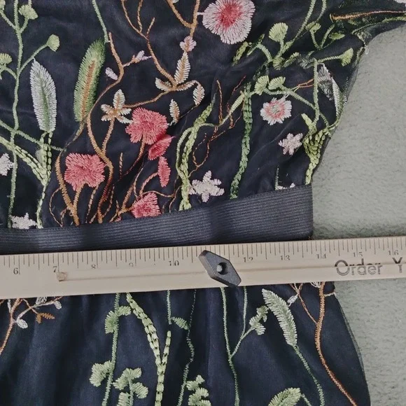 Fairy Grunge Black Mesh Dress S/M Embroidered Flowers Whimsigoth Garden Party - Picture 8 of 10